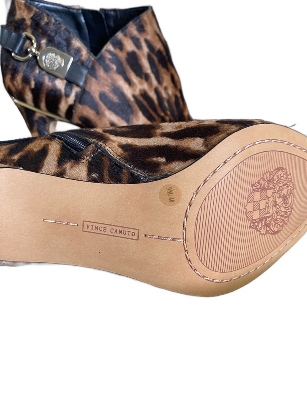 Vince Camuto Leopard Print Heeled Pumps with Black Strap and Gold Trim